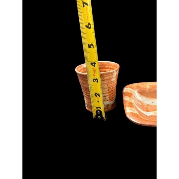 Set of 2 Vintage Hand Thrown Stoneware Art Pottery Soap Dish & Cup Speckled - Picture 10 of 13